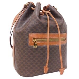 Celine Drawstring Shoulder Bag Brown Leather Macadam Textured Outings